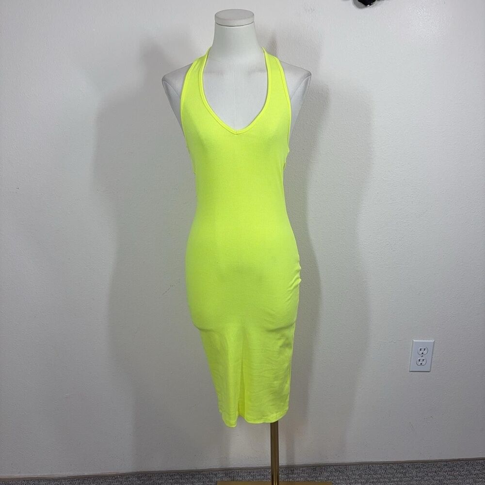 Fashion Nova Isabelle Halter Dress Womens Small Neon Yellow Bodycon Midi Party